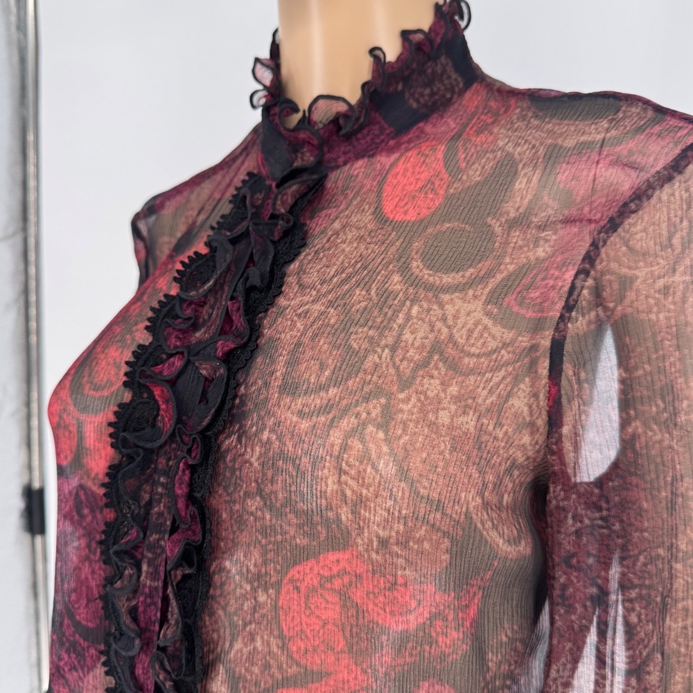 Tahari Women's Sz M Silk Sheer Ruffle Blouse Burgundy Black Victorian Gothic - Picture 3 of 16